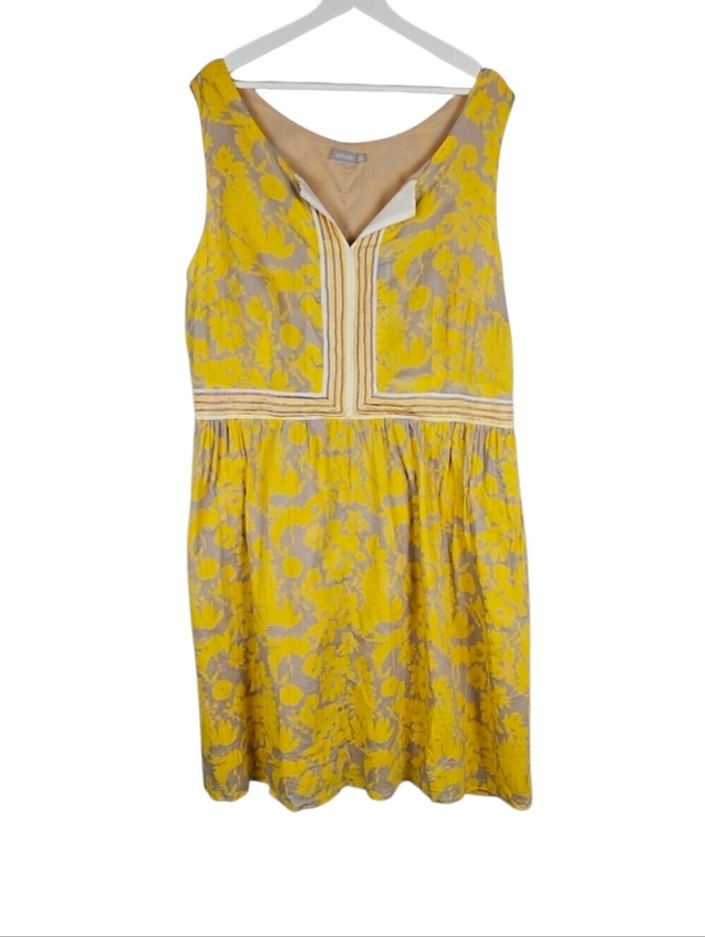 Banana Cream Empire Waist Dress Yellow Gray Floral Striped Trim Vintage 2X 22W